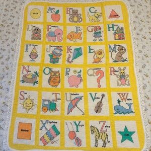 Vintage ABCs Alphabet Baby Blanket Quilt Yellow White 32x43 Inch Animals Shapes